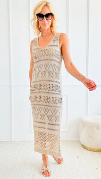 Diamond Pattern Crochet Split Hem Midi Dress - Gold-200 dresses/jumpsuits/rompers-VENTI6 OUTLET-Coastal Bloom Boutique, find the trendiest versions of the popular styles and looks Located in Indialantic, FL