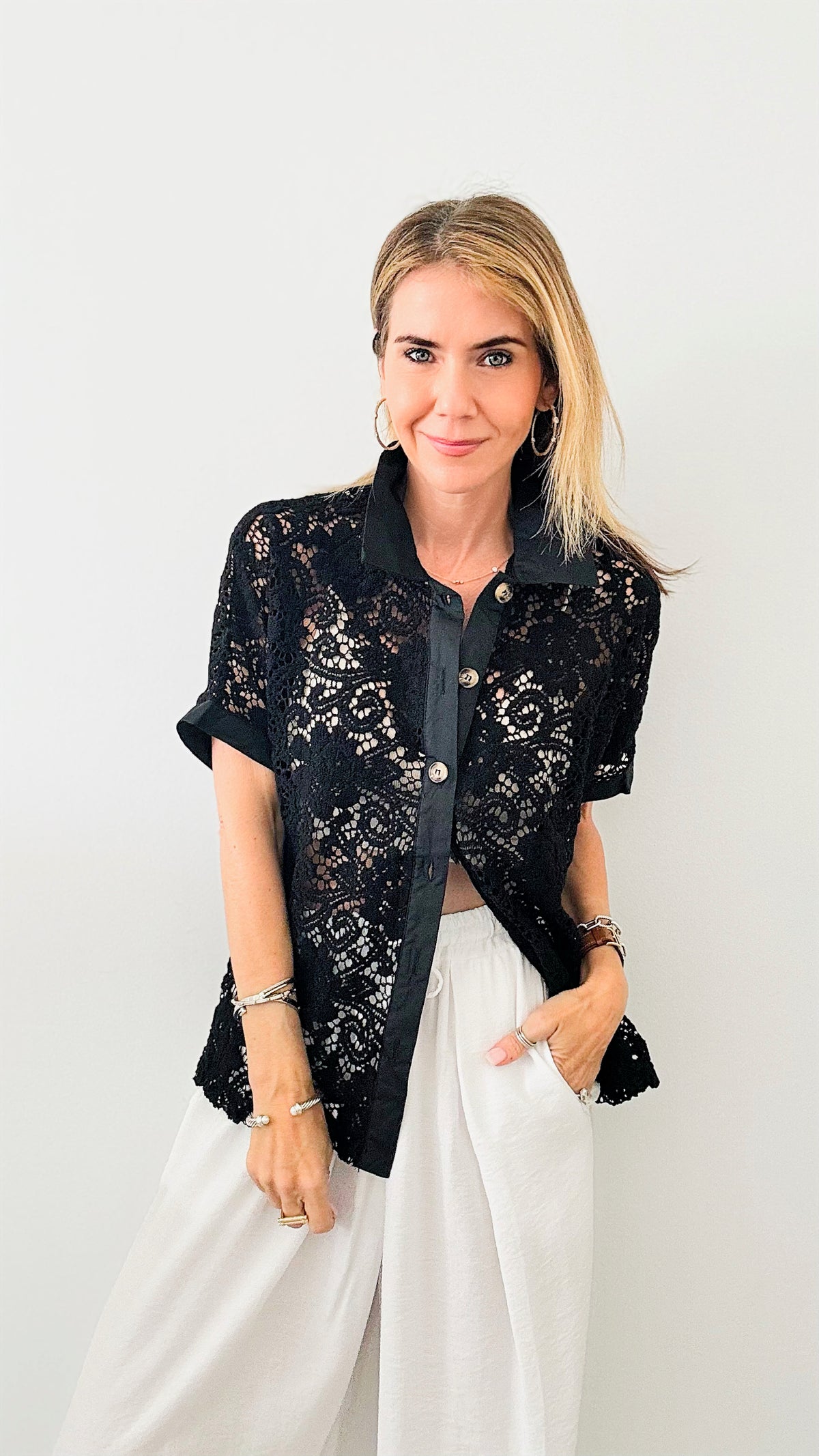 Short Sleeve Lace Button Down-110 Short Sleeve Tops-Rousseau-Coastal Bloom Boutique, find the trendiest versions of the popular styles and looks Located in Indialantic, FL