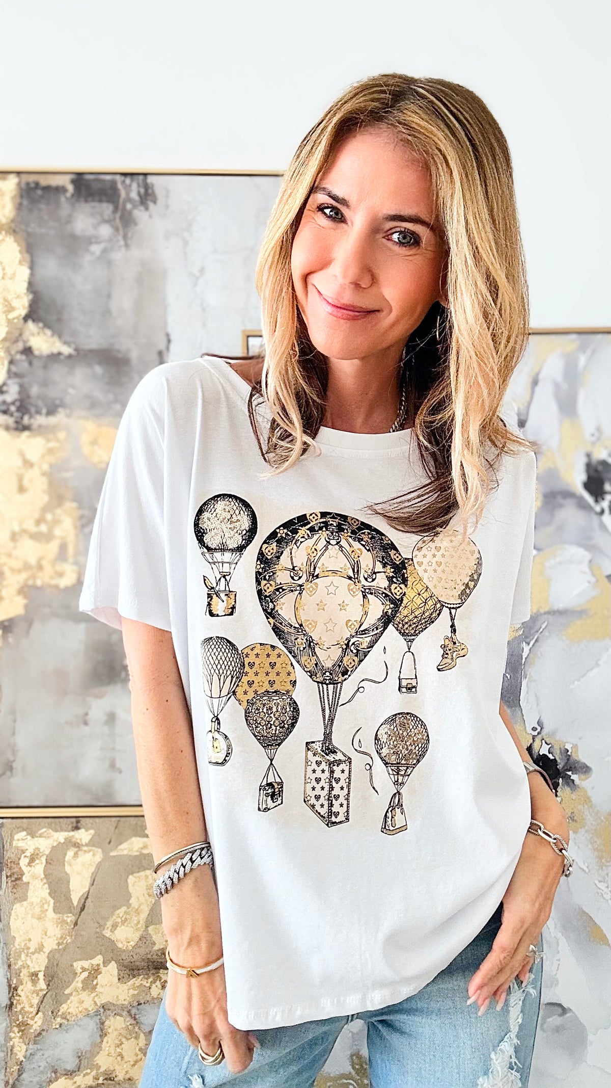 Trouble In The Sky Italian Graphic Tee - White/Gold-110 Short Sleeve Tops-Germany-Coastal Bloom Boutique, find the trendiest versions of the popular styles and looks Located in Indialantic, FL