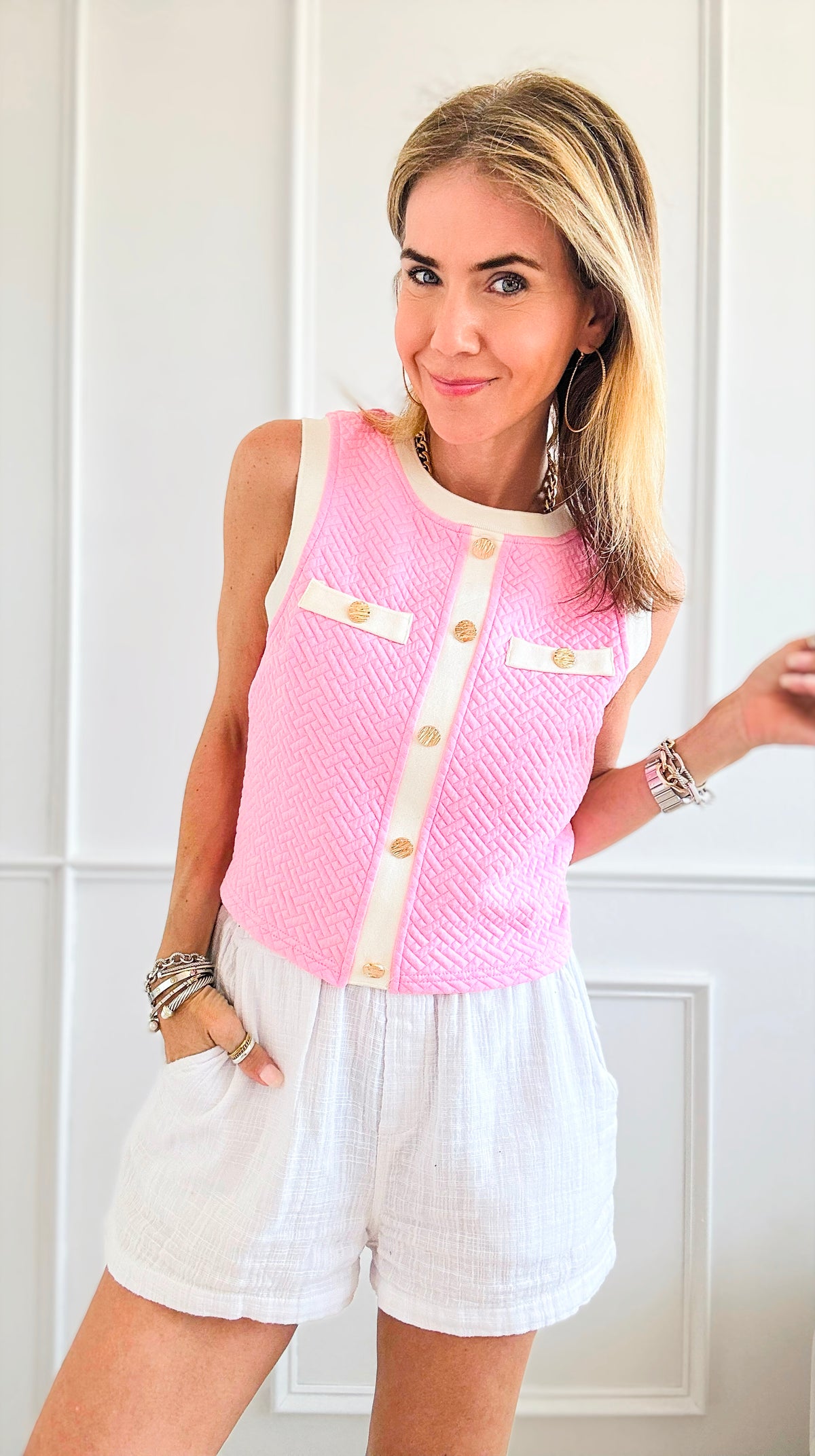 Sleeveless Gold Detailed Knit Tank Top - Pink-100 Sleeveless Tops-VOY-Coastal Bloom Boutique, find the trendiest versions of the popular styles and looks Located in Indialantic, FL