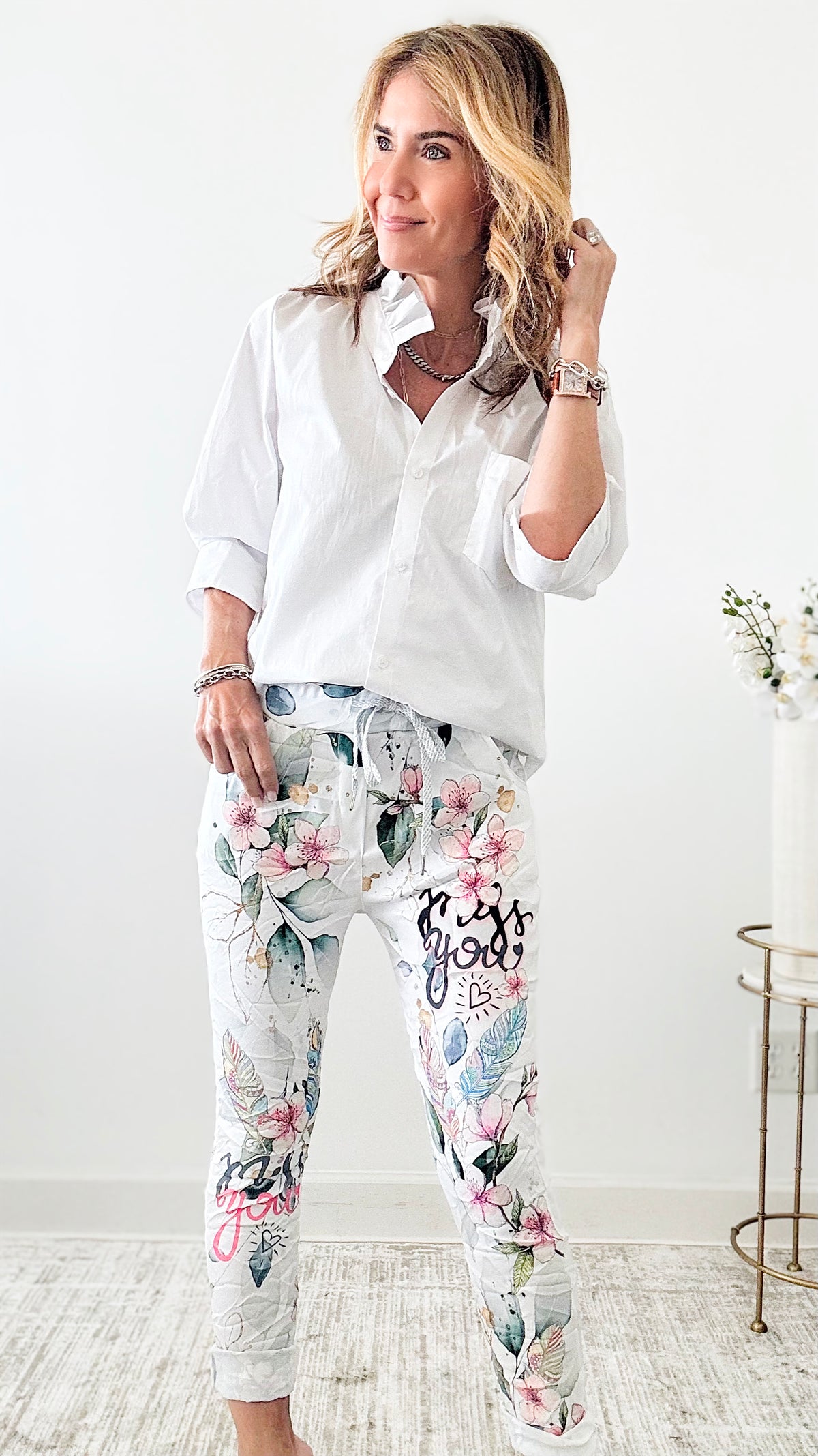 Flowers Printed Italian Jogger-170 Bottoms-Venti6-Coastal Bloom Boutique, find the trendiest versions of the popular styles and looks Located in Indialantic, FL