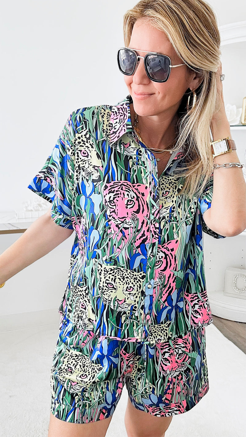 Jungle Satin Short Sleeves Set-210 Loungewear/sets-JODIFL-Coastal Bloom Boutique, find the trendiest versions of the popular styles and looks Located in Indialantic, FL