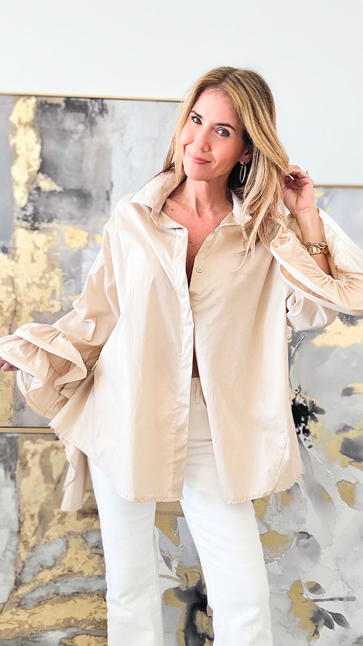 Ruffle Bell Sleeve Italian Blouse - Beige-130 Long sleeve top-Germany-Coastal Bloom Boutique, find the trendiest versions of the popular styles and looks Located in Indialantic, FL