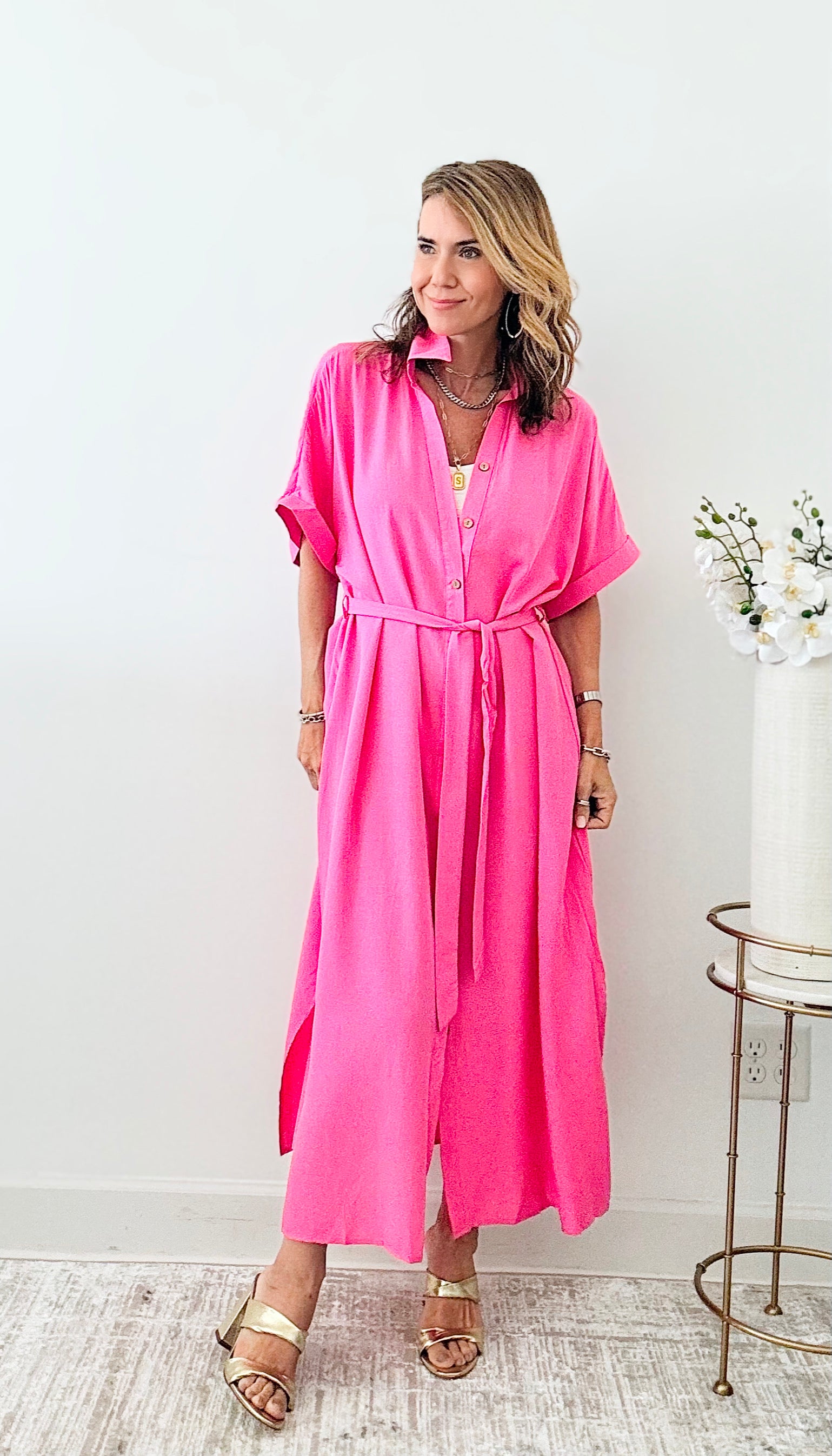 Button-Up Belted Dress - Pink-200 Dresses/Jumpsuits/Rompers-original usa-Coastal Bloom Boutique, find the trendiest versions of the popular styles and looks Located in Indialantic, FL