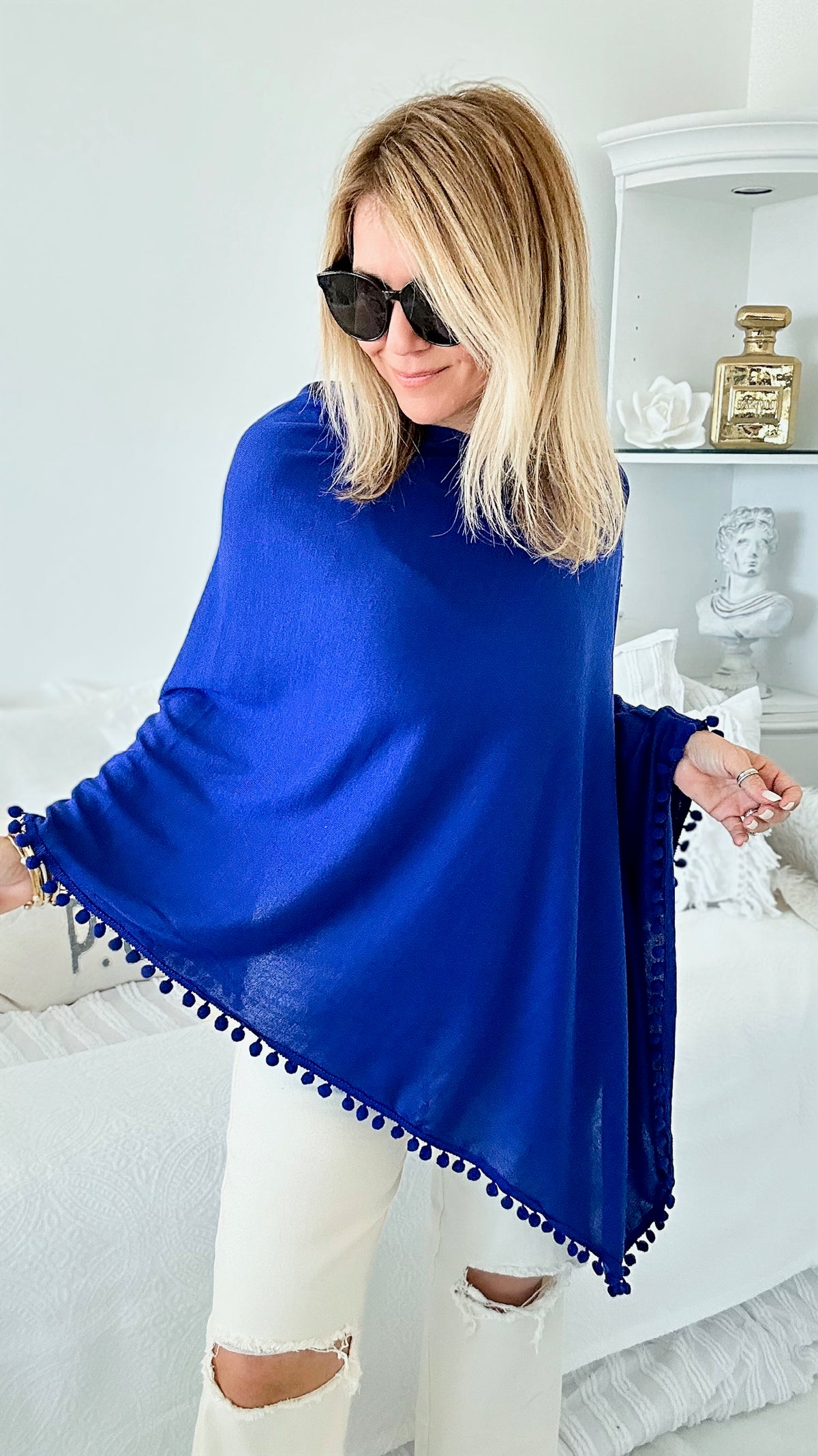 Pom Pom Poncho - Blue-150 Cardigans/Layers-Designer House-Coastal Bloom Boutique, find the trendiest versions of the popular styles and looks Located in Indialantic, FL