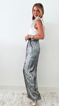 Metallic Wide Leg Pants - Metalic Grey /Black-170 Bottoms-original usa-Coastal Bloom Boutique, find the trendiest versions of the popular styles and looks Located in Indialantic, FL