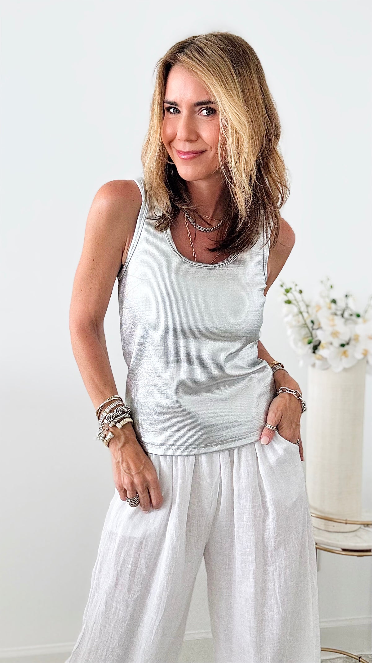 Metallic Tank Top - Silver/White-100 Sleeveless Tops-Galita-Coastal Bloom Boutique, find the trendiest versions of the popular styles and looks Located in Indialantic, FL