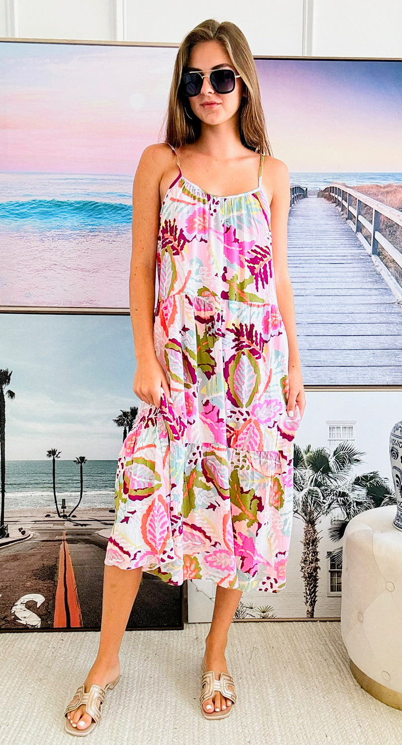 Tropical Printed Summer Midi Dress - Pink-200 Dresses/Jumpsuits/Rompers-Very J-Coastal Bloom Boutique, find the trendiest versions of the popular styles and looks Located in Indialantic, FL