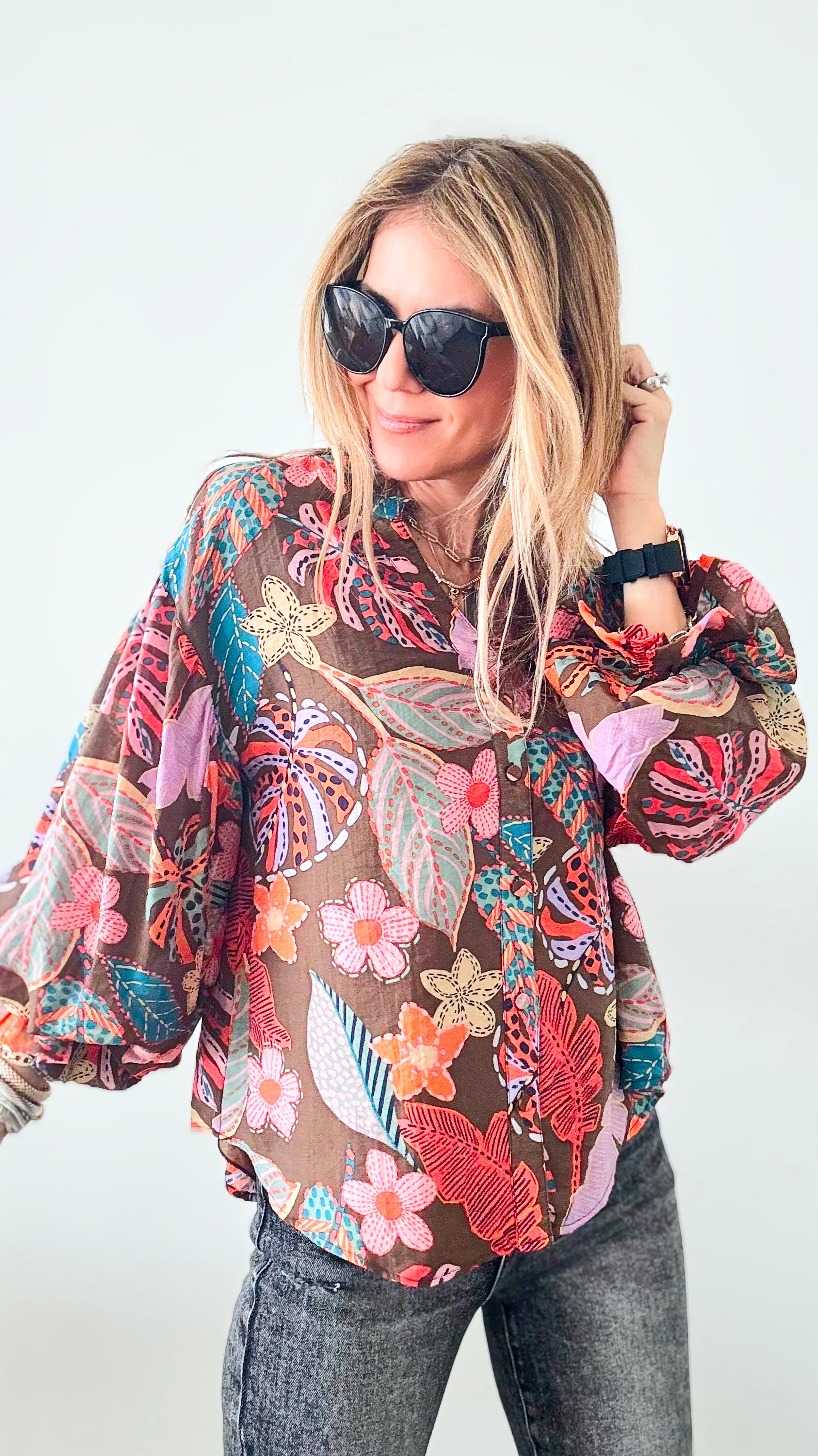 Boho Flowers Ruffled V-Neck Blouse-130 Long Sleeve Tops-Fate By LFD-Coastal Bloom Boutique, find the trendiest versions of the popular styles and looks Located in Indialantic, FL