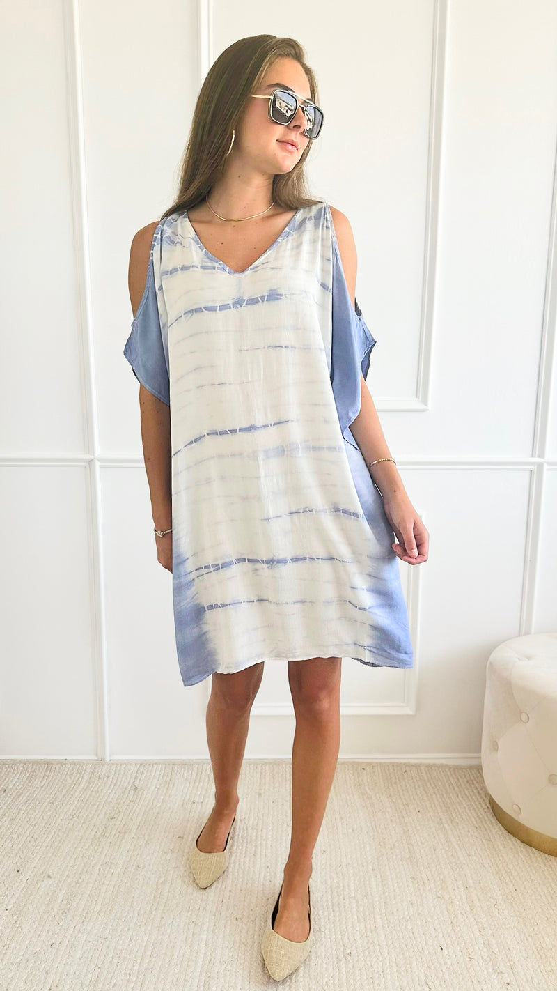 Tie Dye Woven Dress - Powder Blue-110 Short Sleeve Tops-Chatoyant-Coastal Bloom Boutique, find the trendiest versions of the popular styles and looks Located in Indialantic, FL