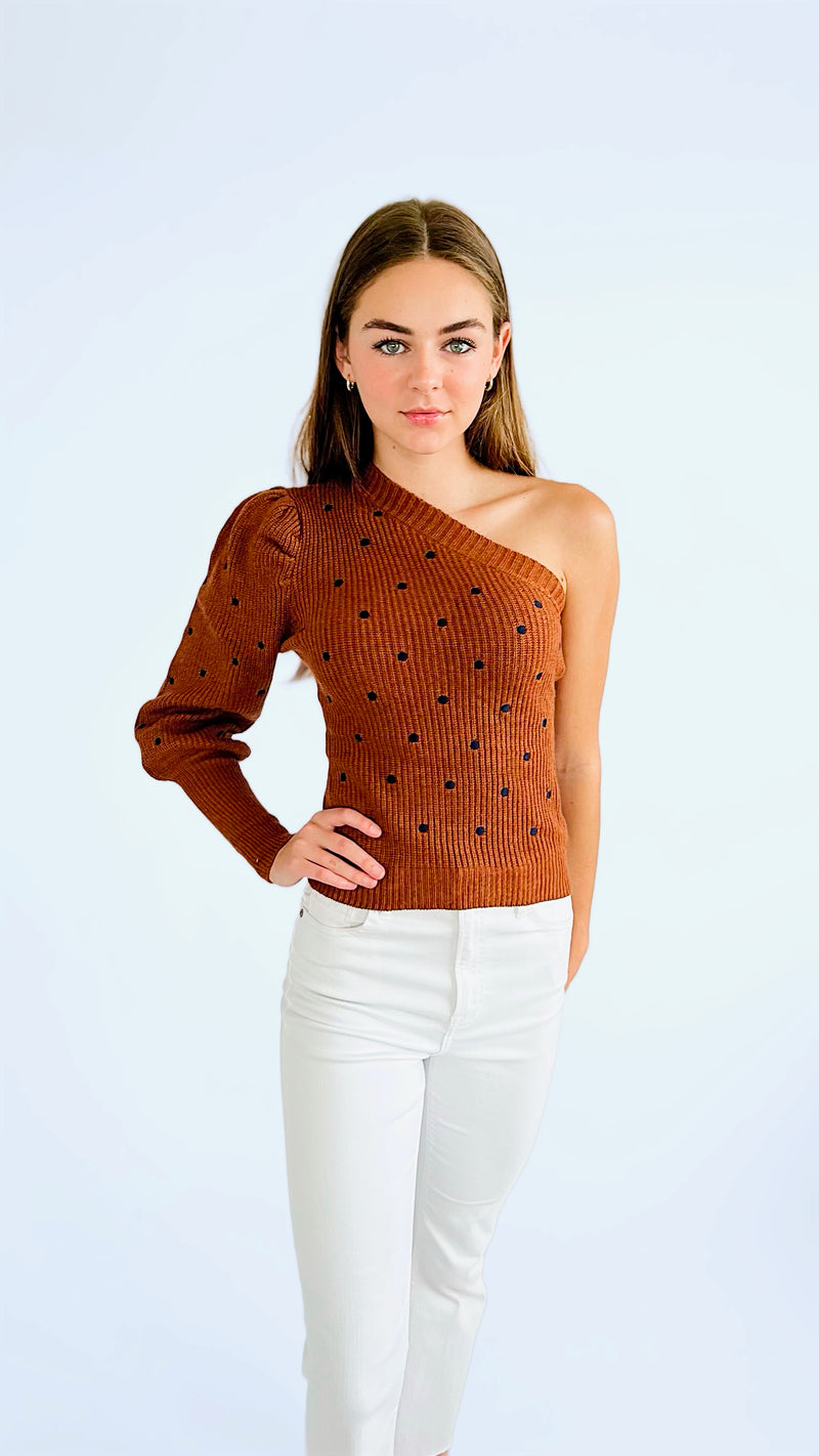 One Shoulder Polka Dot Knit Top-140 Sweaters-entro-Coastal Bloom Boutique, find the trendiest versions of the popular styles and looks Located in Indialantic, FL