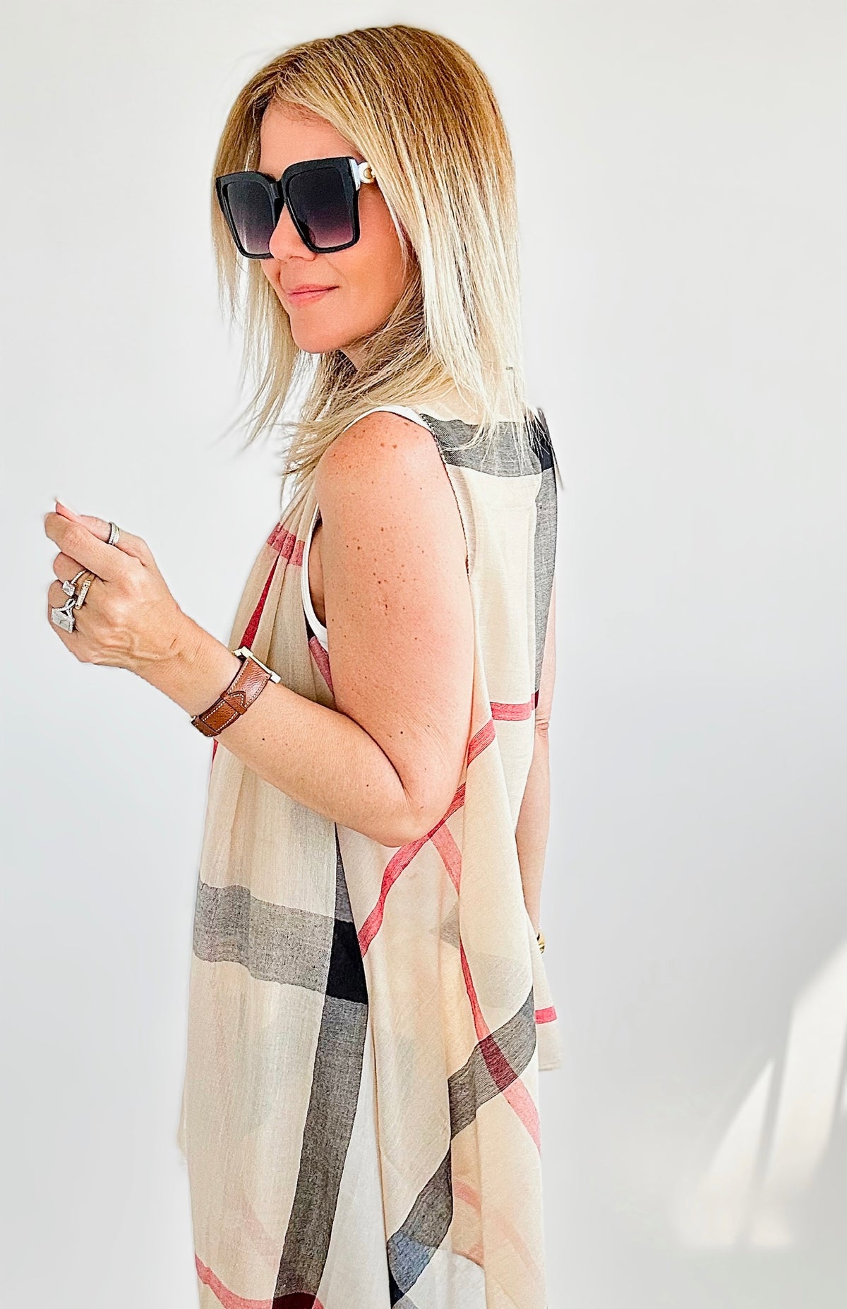 Long Plaid Cover-Up Vest - Tan-150 Cardigans/Layers-Cap Zone-Coastal Bloom Boutique, find the trendiest versions of the popular styles and looks Located in Indialantic, FL