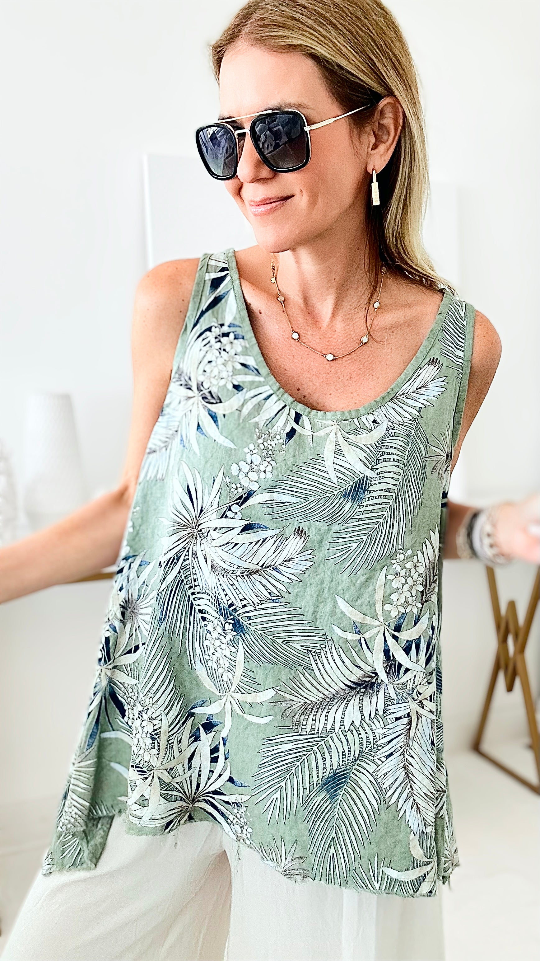 Linen Tropical Leaf Italian Top - Olive-100 Sleeveless Tops-Coastal Bloom-Coastal Bloom Boutique, find the trendiest versions of the popular styles and looks Located in Indialantic, FL