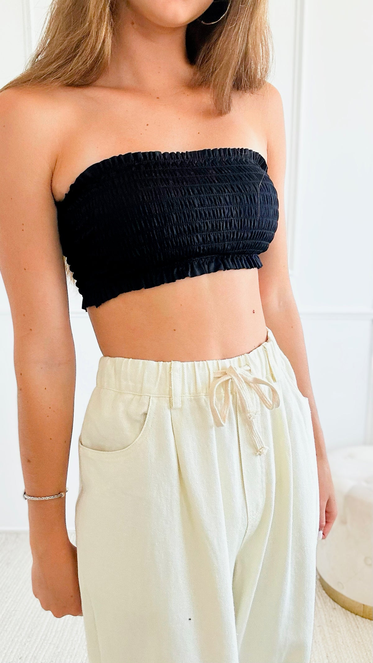Pleated Spaghetti Strap Tube Top - Black-100 Sleeveless Tops-ICCO ACCESSORIES-Coastal Bloom Boutique, find the trendiest versions of the popular styles and looks Located in Indialantic, FL