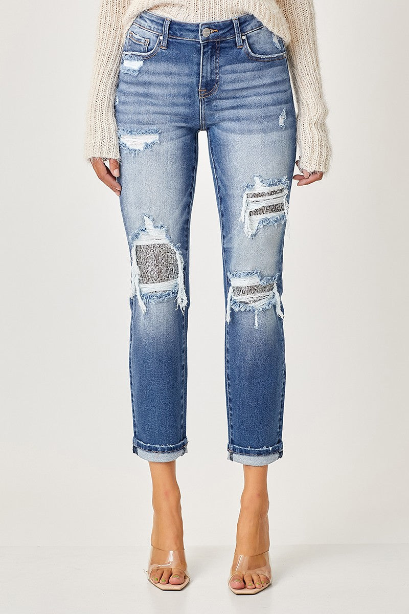 PRE ORDER Midrise Sequins Patched Straight Jeans - Dark-170 Bottoms-RISEN JEANS-Coastal Bloom Boutique, find the trendiest versions of the popular styles and looks Located in Indialantic, FL