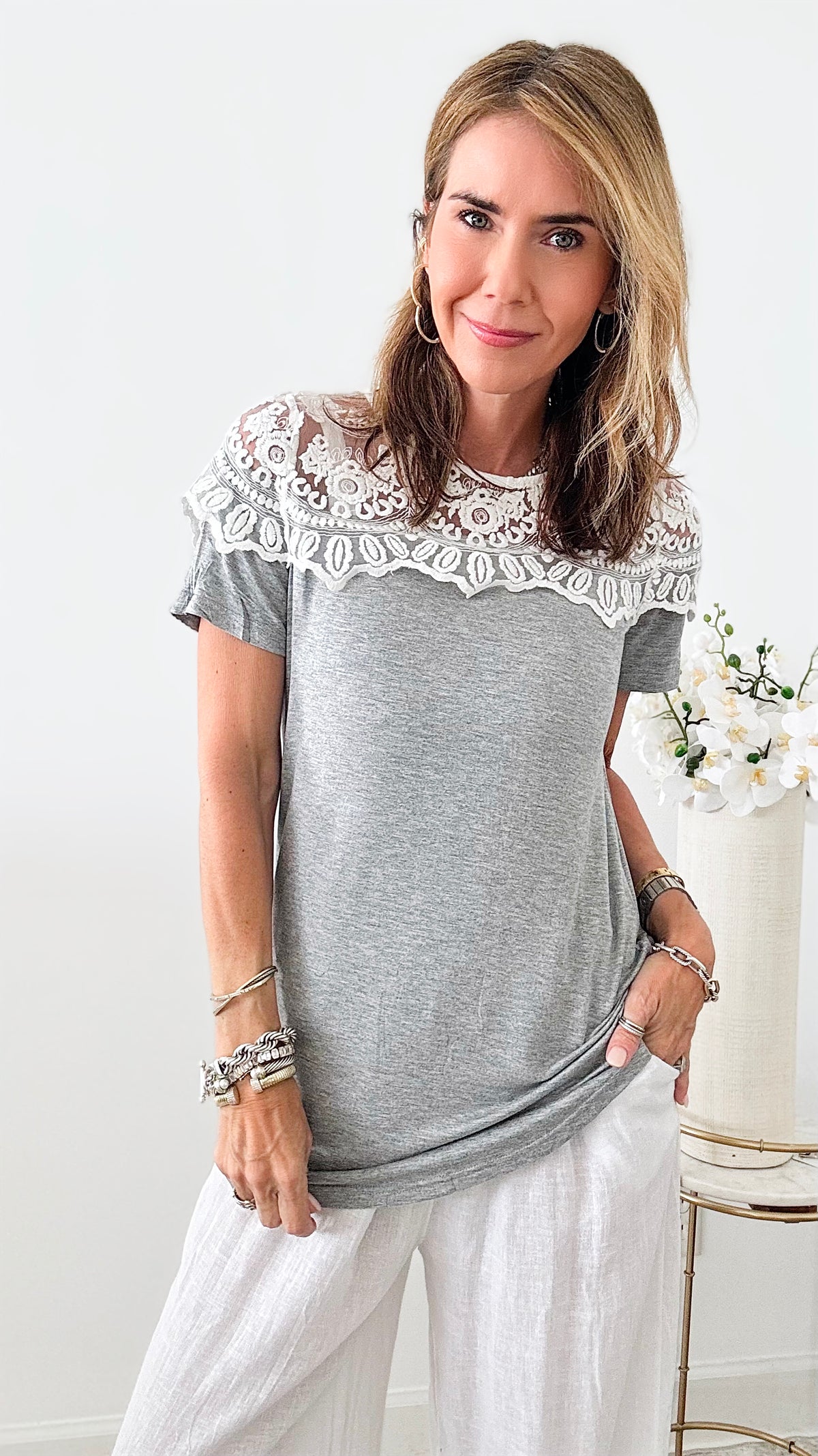 Solid Crochet Lace Detailed T-Shirt-110 Short Sleeve Tops-Rousseau-Coastal Bloom Boutique, find the trendiest versions of the popular styles and looks Located in Indialantic, FL