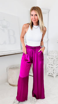 Angora Italian Satin Pant - Magenta-170 Bottoms-Yolly-Coastal Bloom Boutique, find the trendiest versions of the popular styles and looks Located in Indialantic, FL