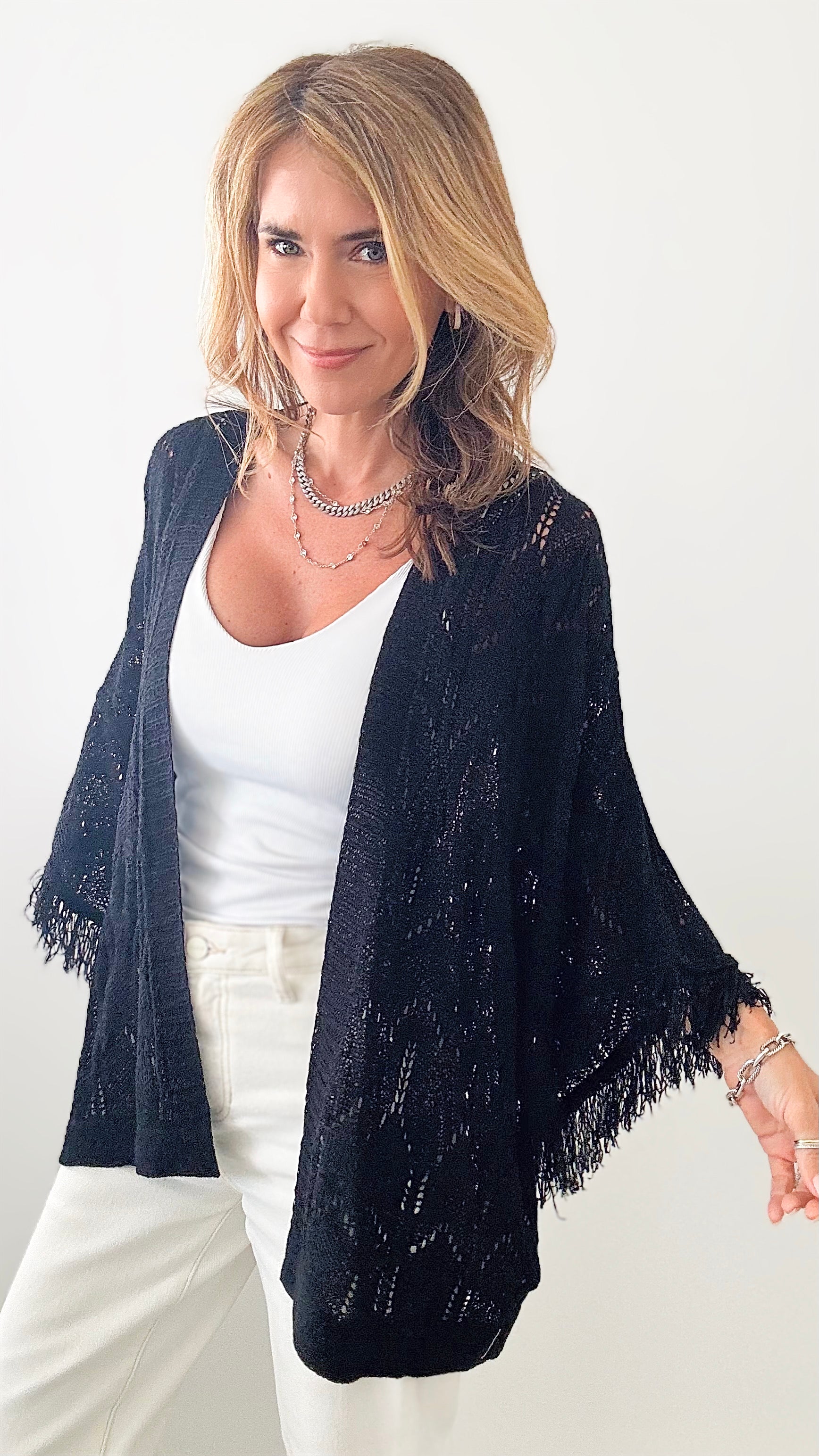 Pointelle Knit Fringe Kimono - Black-150 Cardigans/Layers-EESOME-Coastal Bloom Boutique, find the trendiest versions of the popular styles and looks Located in Indialantic, FL