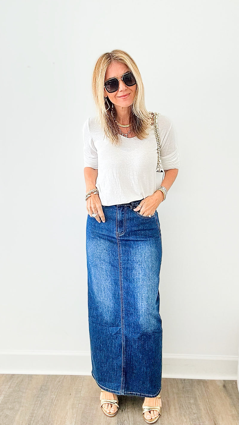 Full Length Stretch Denim 90's Skirt-170 Bottoms-Q2-Coastal Bloom Boutique, find the trendiest versions of the popular styles and looks Located in Indialantic, FL