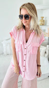 Mattawa Button Front Top - Pink-110 Short Sleeve Tops-Love Tree Fashion-Coastal Bloom Boutique, find the trendiest versions of the popular styles and looks Located in Indialantic, FL