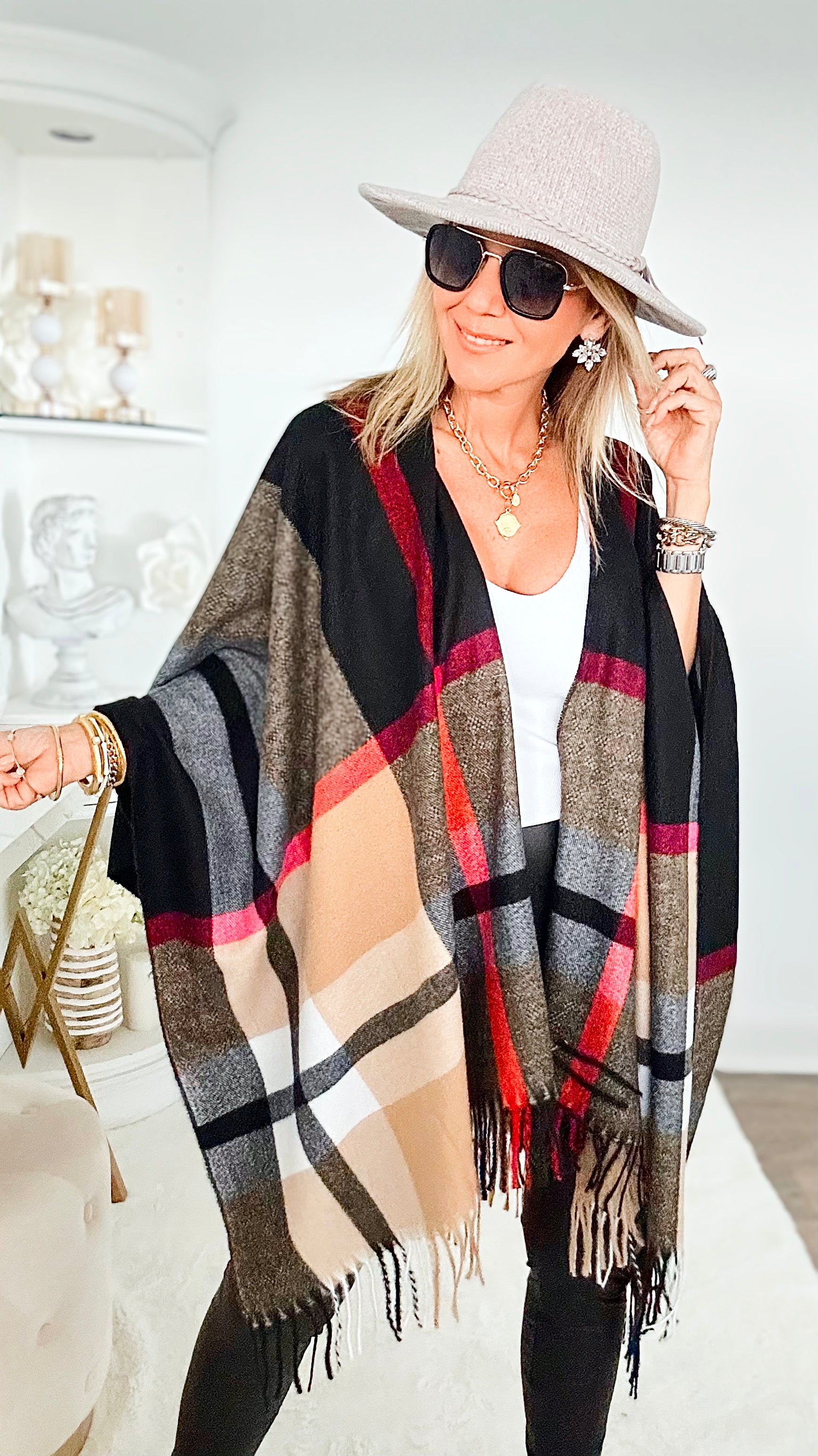 Plaid Fringe Open Front Wrap-150 Cardigans/Layers-Rousseau-Coastal Bloom Boutique, find the trendiest versions of the popular styles and looks Located in Indialantic, FL