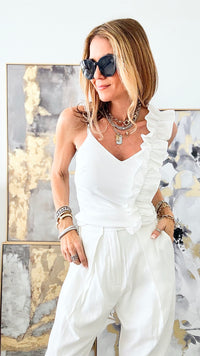 Solid One Shoulder Ruffled Top - Off White-100 Sleeveless Tops-Nylon Apparel-Coastal Bloom Boutique, find the trendiest versions of the popular styles and looks Located in Indialantic, FL