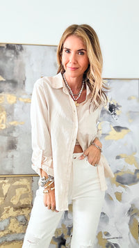Linen Button Down Top - Natural-130 Long Sleeve Tops-Love Tree Fashion-Coastal Bloom Boutique, find the trendiest versions of the popular styles and looks Located in Indialantic, FL