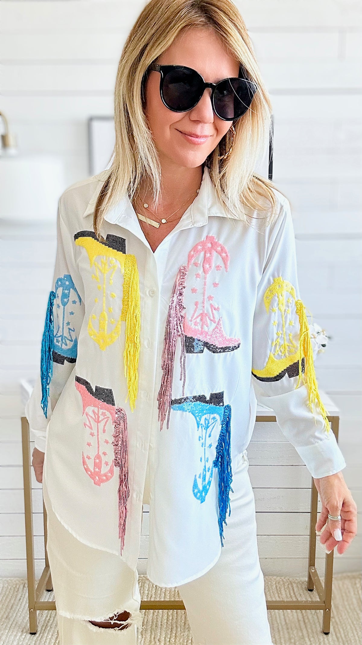 Cowboy Boot Sequin Fringe Button Down Top - White-130 Long Sleeve Tops-BLUE B-Coastal Bloom Boutique, find the trendiest versions of the popular styles and looks Located in Indialantic, FL