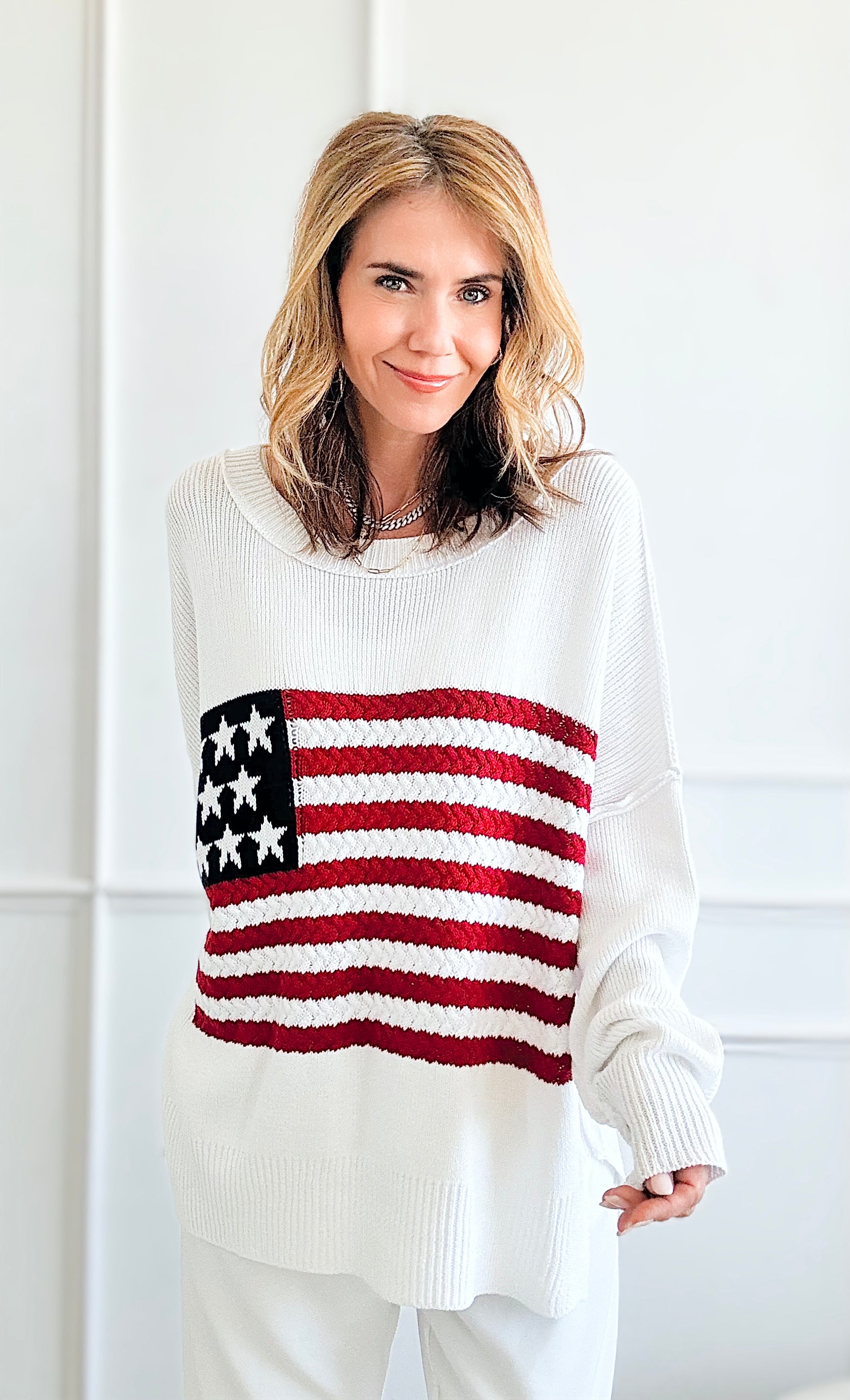 Flag Cable Knit Top - White-140 Sweaters-Miracle-Coastal Bloom Boutique, find the trendiest versions of the popular styles and looks Located in Indialantic, FL