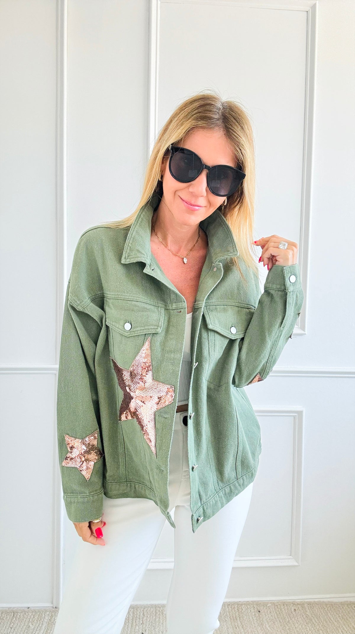 Stars Apliqque Long Sleeve Jacket- Olive-160 Jackets-Rousseau-Coastal Bloom Boutique, find the trendiest versions of the popular styles and looks Located in Indialantic, FL