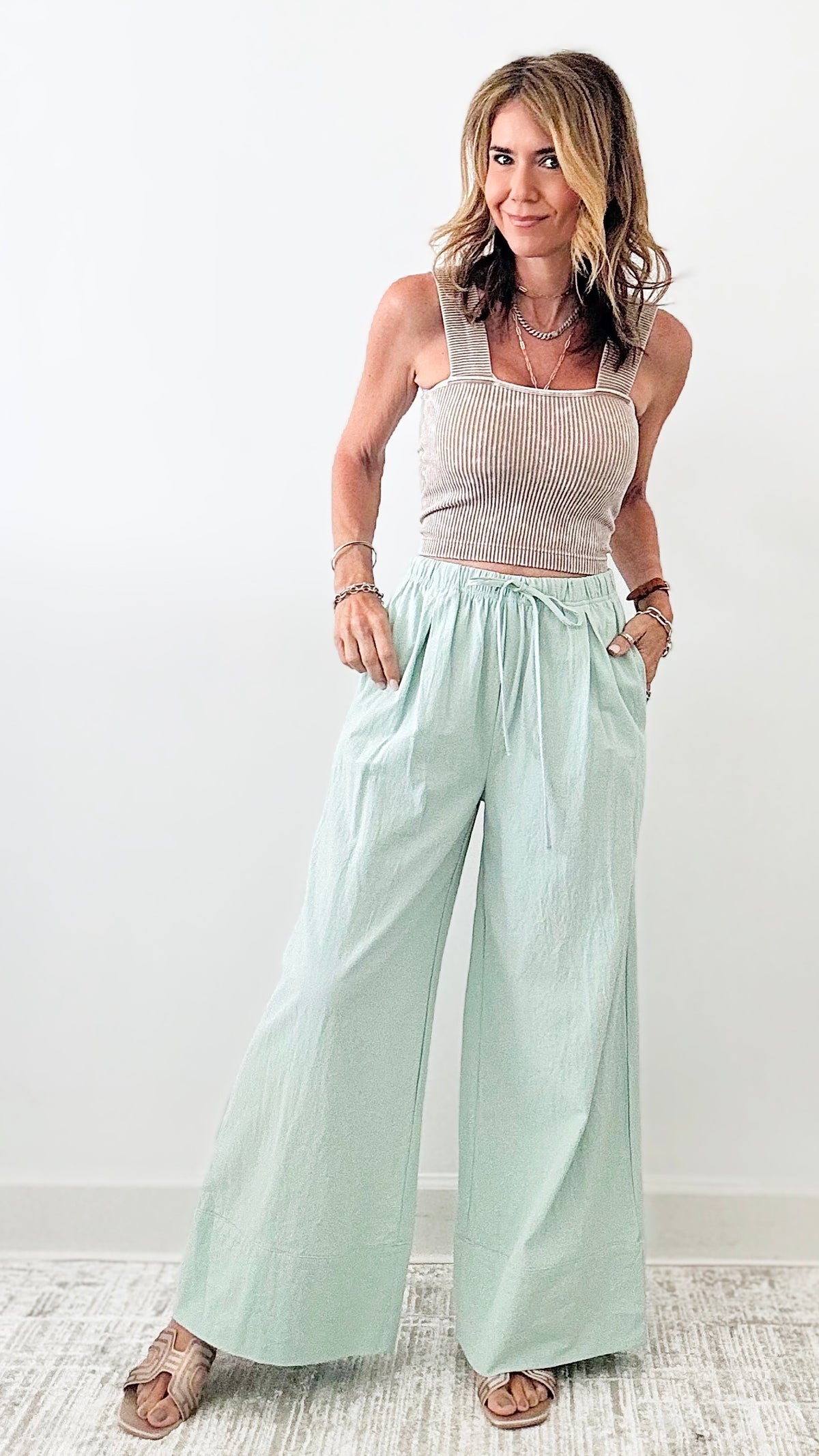 Linen Blend Pant-Mint-170 Bottoms-HYFVE-Coastal Bloom Boutique, find the trendiest versions of the popular styles and looks Located in Indialantic, FL