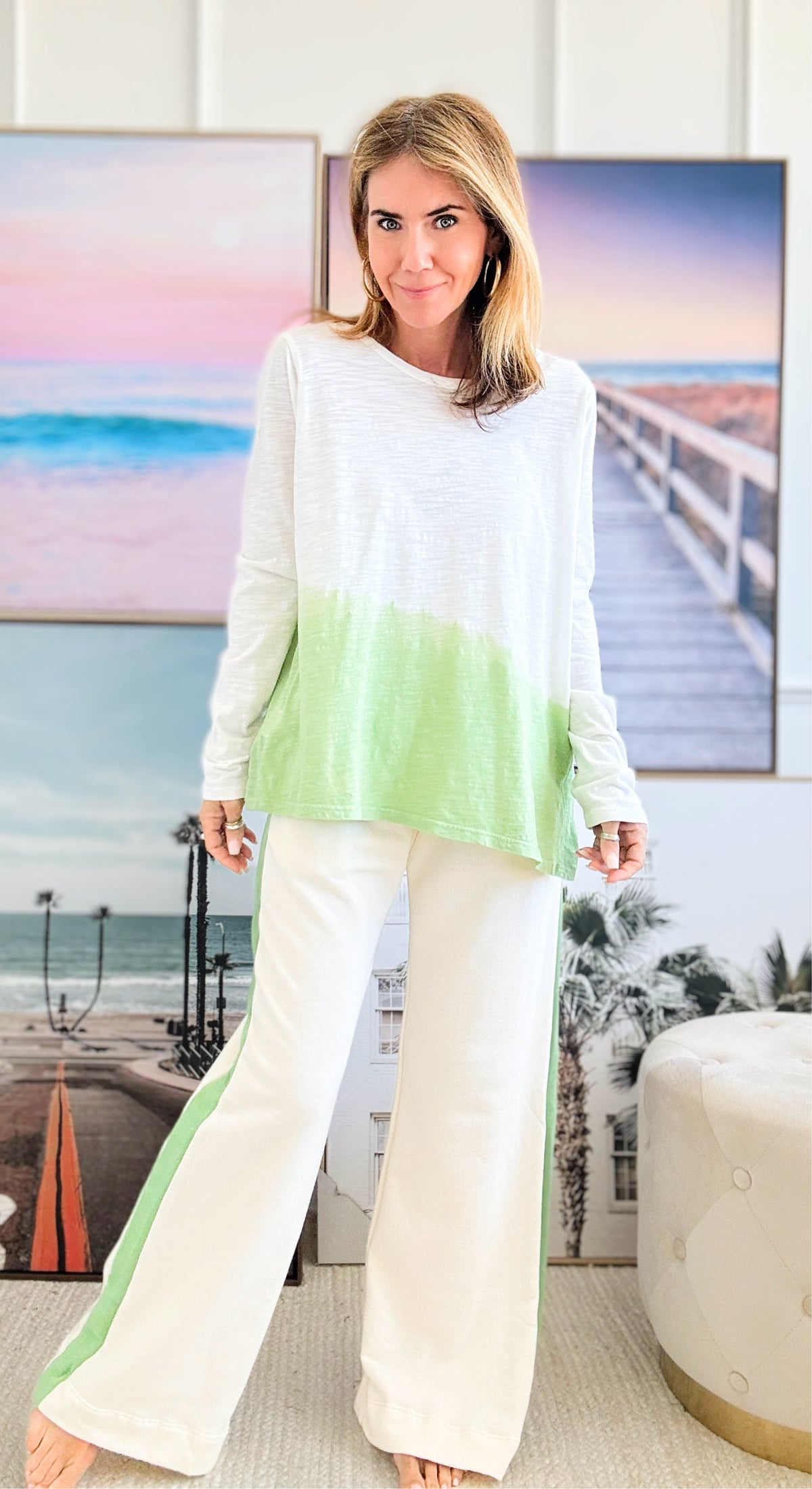 Round Neck Dip-Dye Top - Green-130 Long Sleeve Tops-Kori America-Coastal Bloom Boutique, find the trendiest versions of the popular styles and looks Located in Indialantic, FL