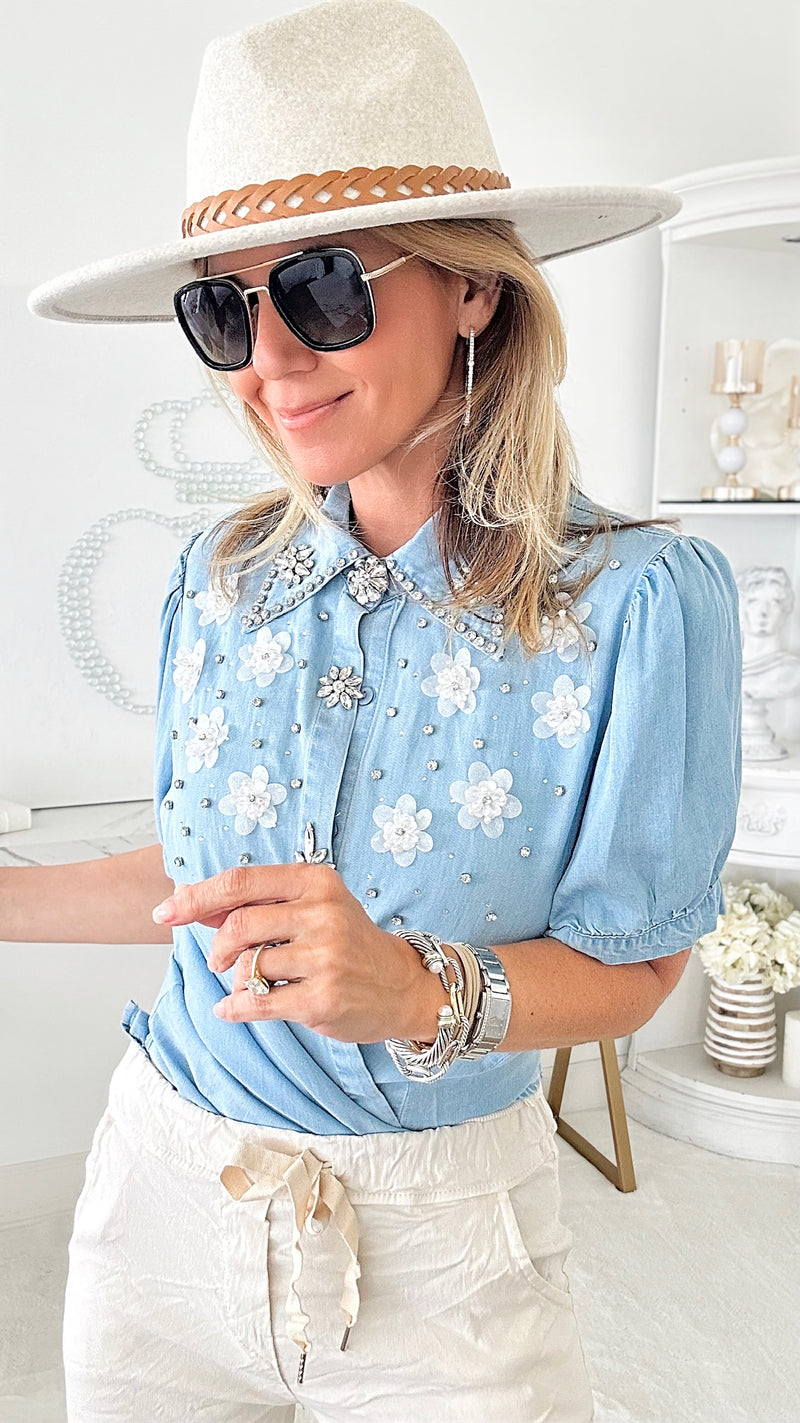 Not So Casual Flowers & Marquise Embellished Blouse-110 Short Sleeve Tops-LA' ROS-Coastal Bloom Boutique, find the trendiest versions of the popular styles and looks Located in Indialantic, FL