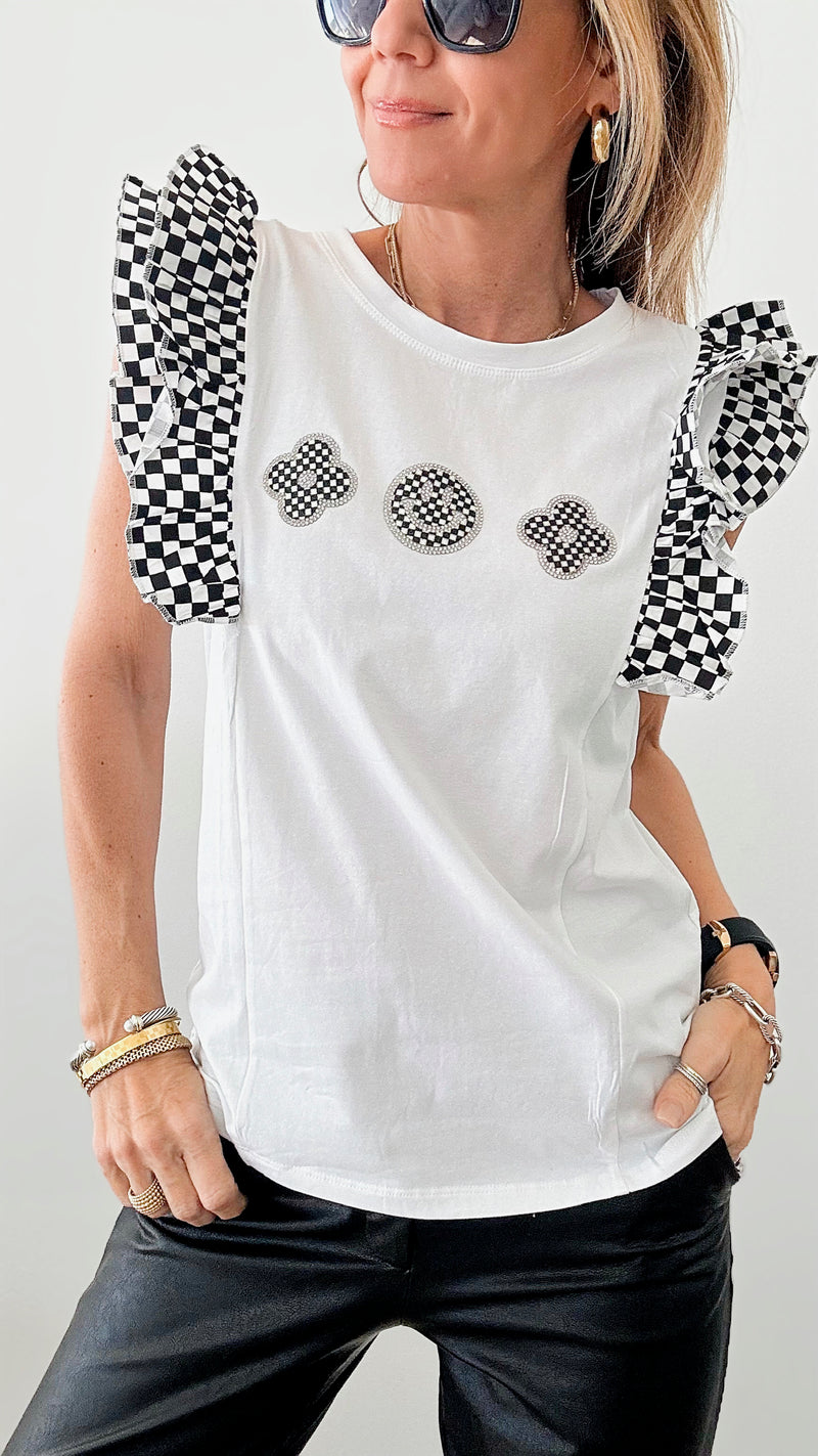 Double Checker Ruffle Sleeve Top - White-110 Short Sleeve Tops-in2you-Coastal Bloom Boutique, find the trendiest versions of the popular styles and looks Located in Indialantic, FL