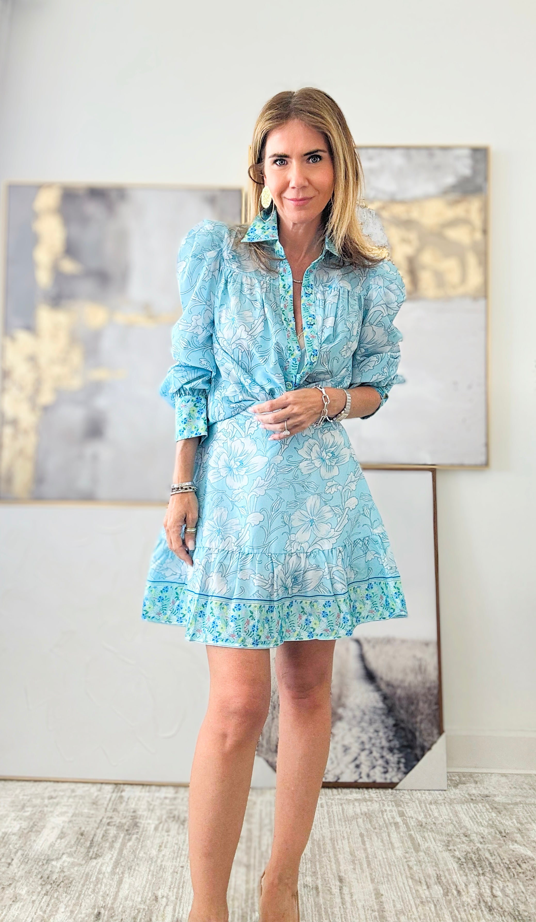 Floral Printed Blouse and Skirt Set - Ice Blue-210 Loungewear/Sets-Rousseau-Coastal Bloom Boutique, find the trendiest versions of the popular styles and looks Located in Indialantic, FL