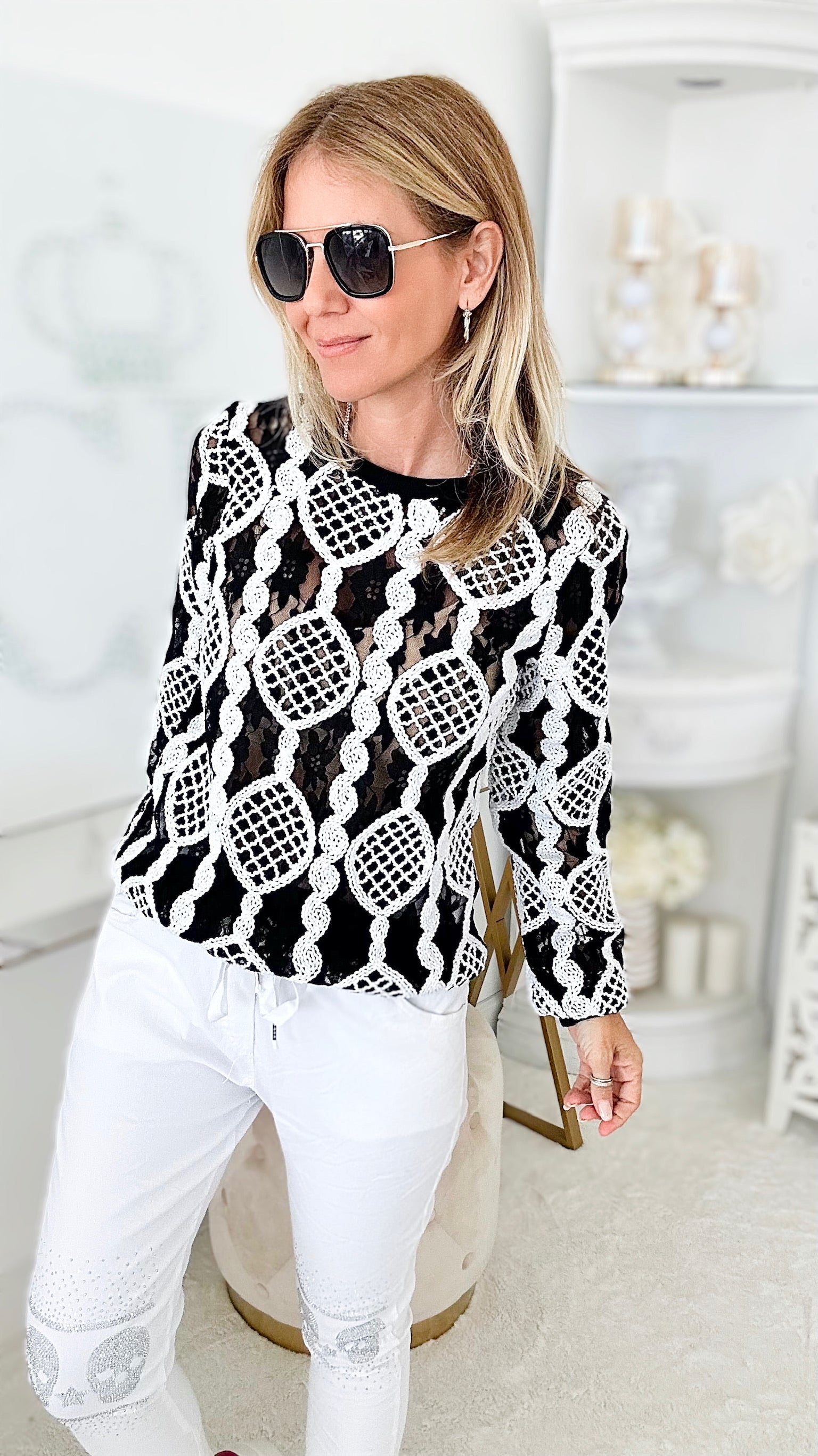 Pirouette Lace Black Sweatshirt-130 Long Sleeve Tops-See and Be Seen-Coastal Bloom Boutique, find the trendiest versions of the popular styles and looks Located in Indialantic, FL