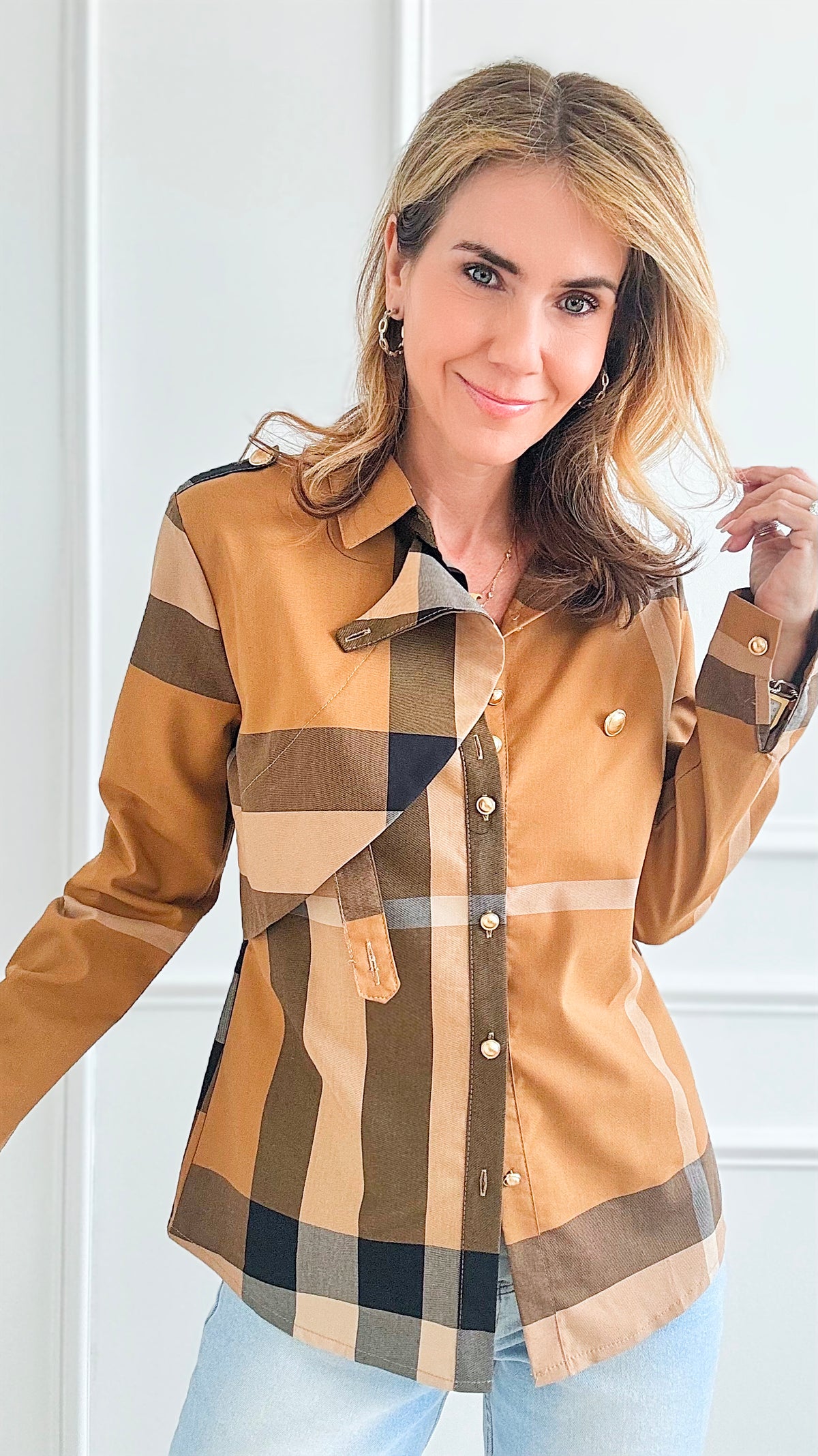 Plaid Button-Up Blouse-Khaki-130 Long Sleeve Tops-Chasing Bandits-Coastal Bloom Boutique, find the trendiest versions of the popular styles and looks Located in Indialantic, FL