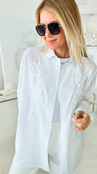 Barely There Embroidered Cotton Button Up Top-130 Long Sleeve Tops-TOUCHE PRIVE-Coastal Bloom Boutique, find the trendiest versions of the popular styles and looks Located in Indialantic, FL