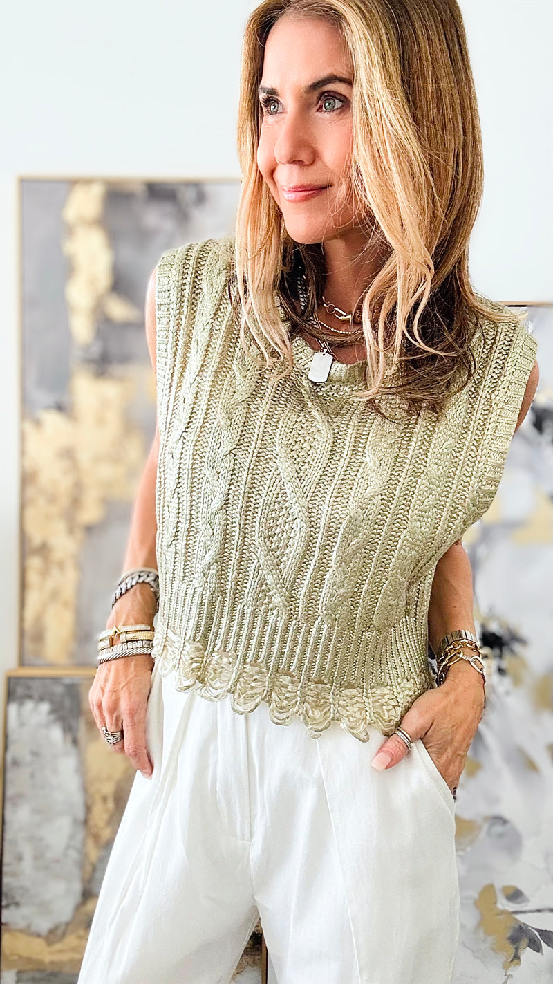 Coated Metallic Cable Knit Vest - Ecru /Gold-100 Sleeveless Tops-Edit By Nine-Coastal Bloom Boutique, find the trendiest versions of the popular styles and looks Located in Indialantic, FL