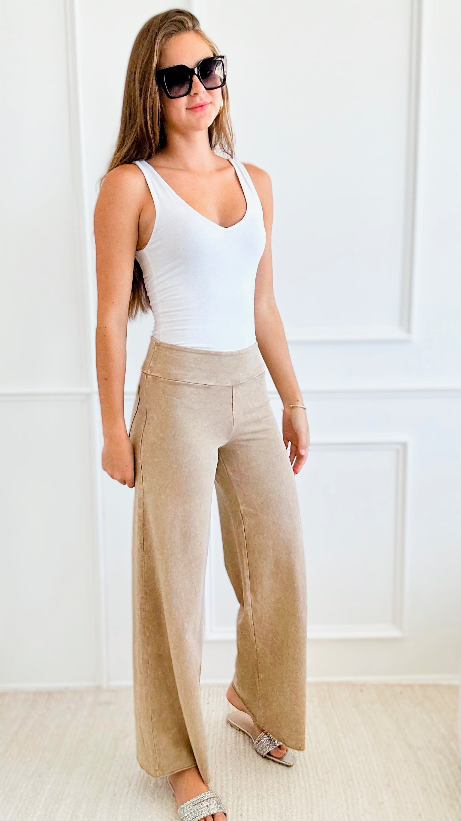 Mineral Wash Raw Edges Wide Leg Pants - Beige-170 Bottoms-Chatoyant-Coastal Bloom Boutique, find the trendiest versions of the popular styles and looks Located in Indialantic, FL