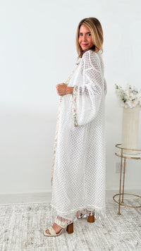 Open Embellished Knit Long Kimono - White-150 Cardigan Layers-original usa-Coastal Bloom Boutique, find the trendiest versions of the popular styles and looks Located in Indialantic, FL