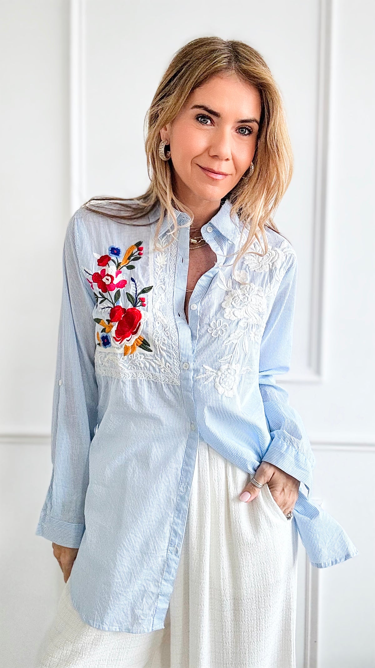 Striped Button Down Shirt-Blue-130 Long Sleeve Tops-Magazine-Coastal Bloom Boutique, find the trendiest versions of the popular styles and looks Located in Indialantic, FL