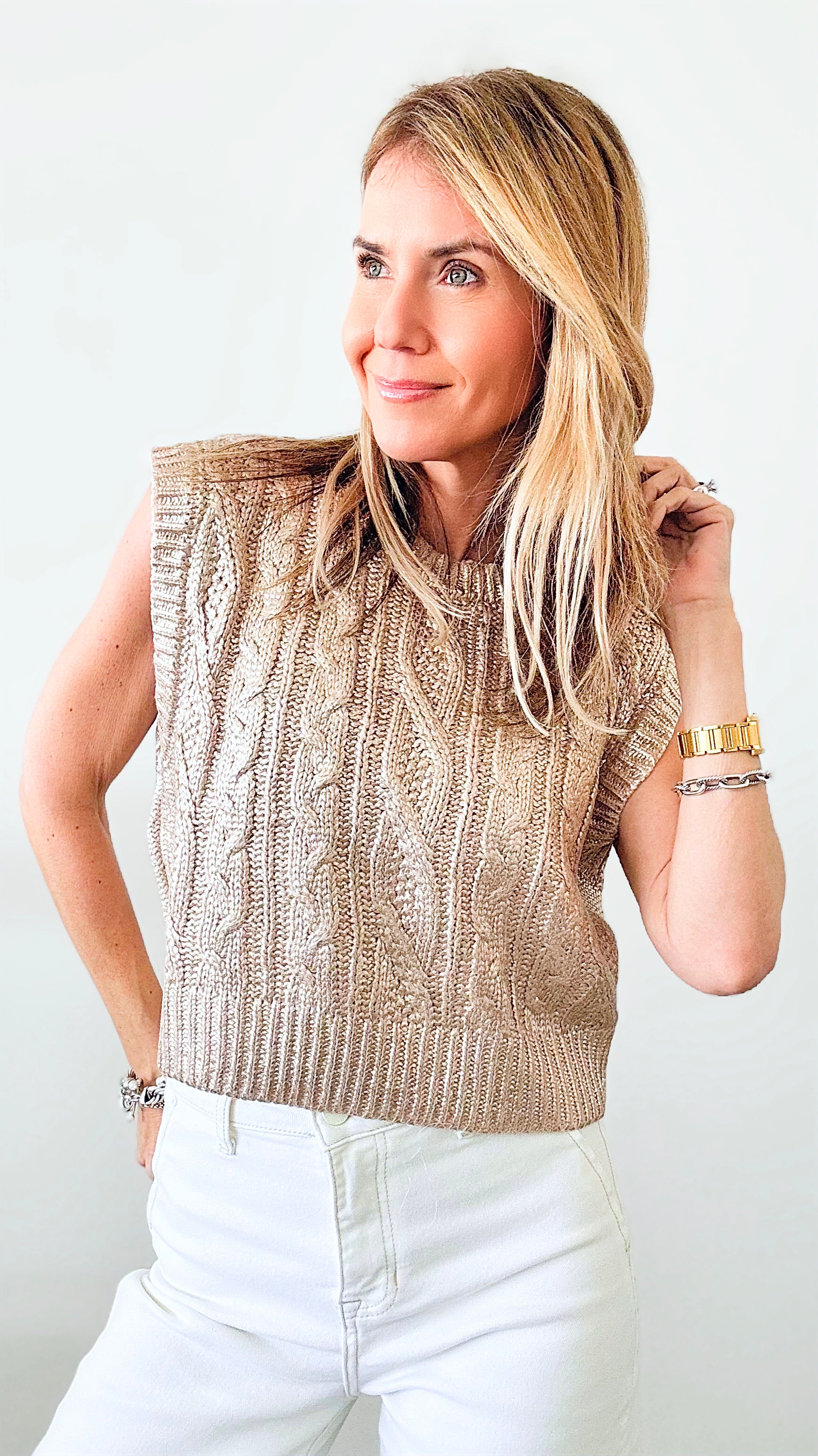 Cable Knit Metallic Top - Gold-100 Sleeveless Tops-she+sky-Coastal Bloom Boutique, find the trendiest versions of the popular styles and looks Located in Indialantic, FL