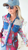 Floral & Denim Button Up Top - Ivory/Burgundy-130 Long Sleeve Tops-Magazine-Coastal Bloom Boutique, find the trendiest versions of the popular styles and looks Located in Indialantic, FL