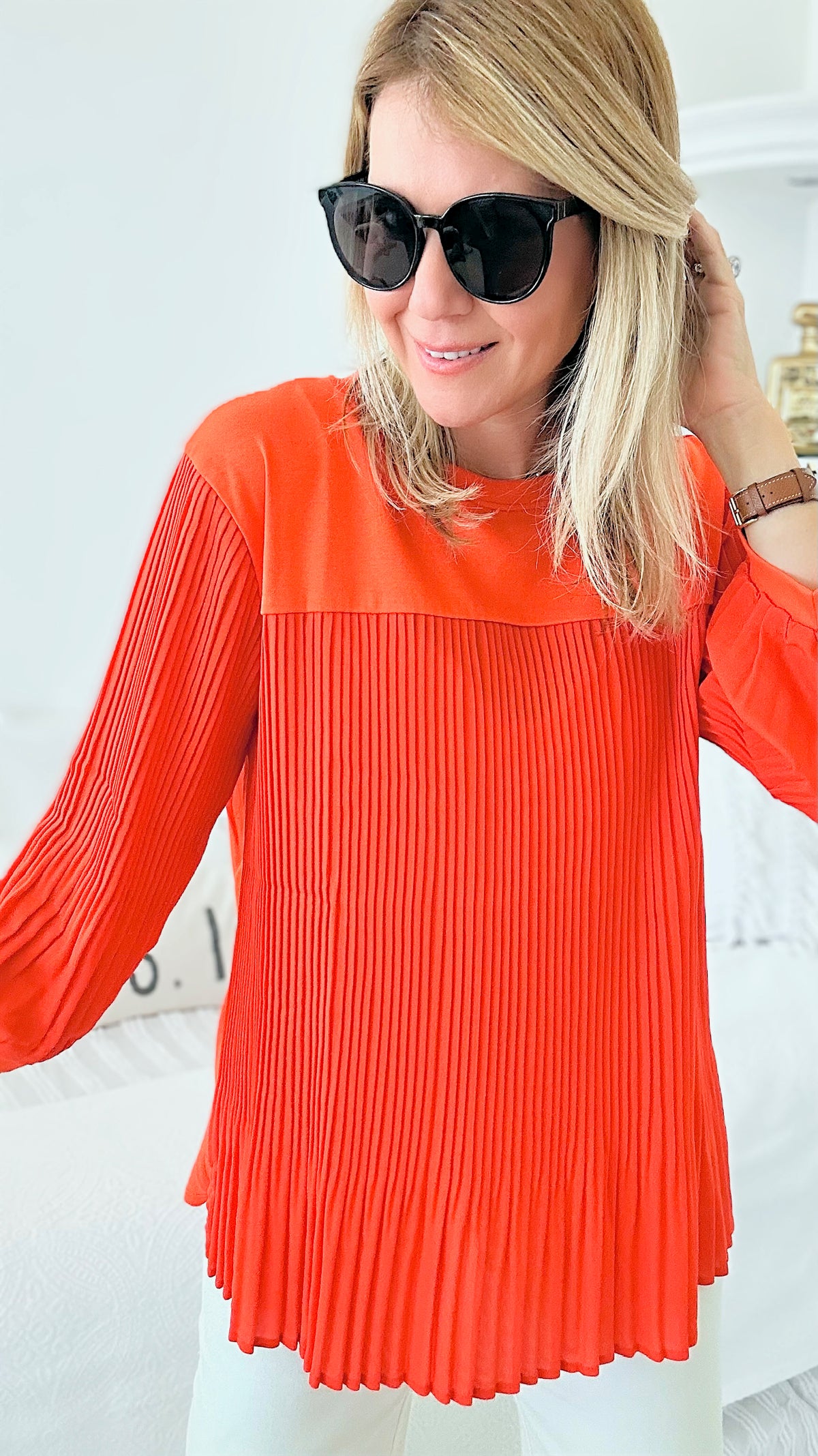 Sunset Pleated Top-110 Short Sleeve Tops-Joh Apparel-Coastal Bloom Boutique, find the trendiest versions of the popular styles and looks Located in Indialantic, FL