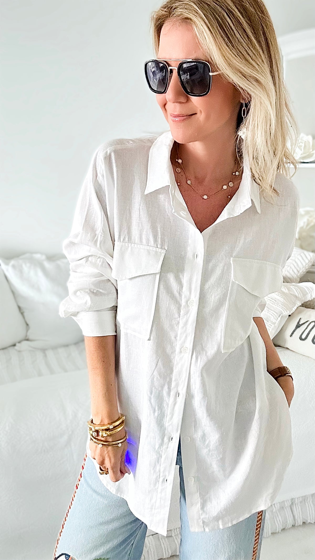 Oversized Double Pocket Blouse - White-130 Long Sleeve Tops-Love Tree Fashion-Coastal Bloom Boutique, find the trendiest versions of the popular styles and looks Located in Indialantic, FL