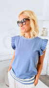 Varsity Ruffle Sweater Vest - Denim-100 Sleeveless Tops-BIBI-Coastal Bloom Boutique, find the trendiest versions of the popular styles and looks Located in Indialantic, FL