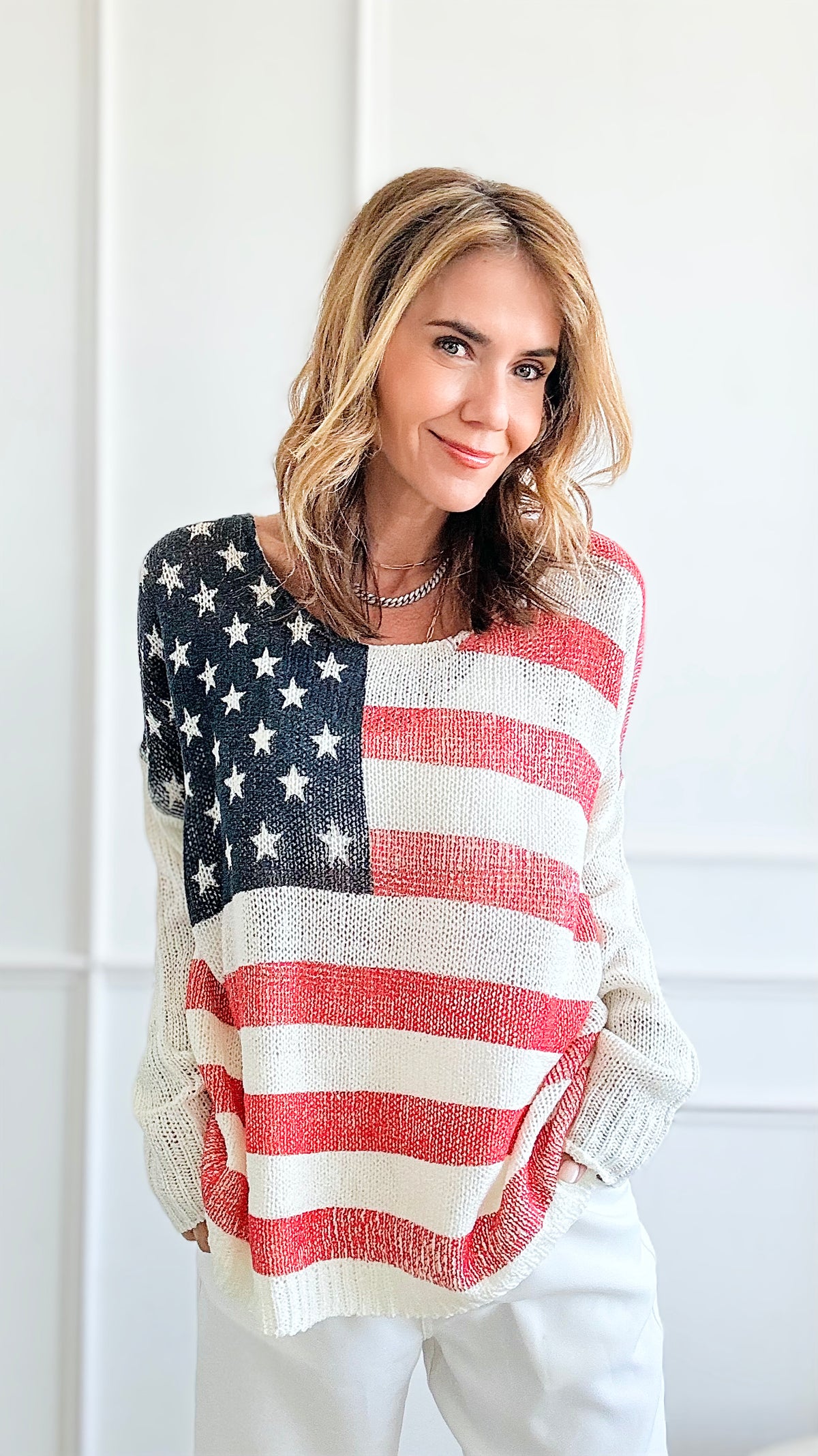 American Flag Knit - Ivory-140 Sweaters-Miracle-Coastal Bloom Boutique, find the trendiest versions of the popular styles and looks Located in Indialantic, FL