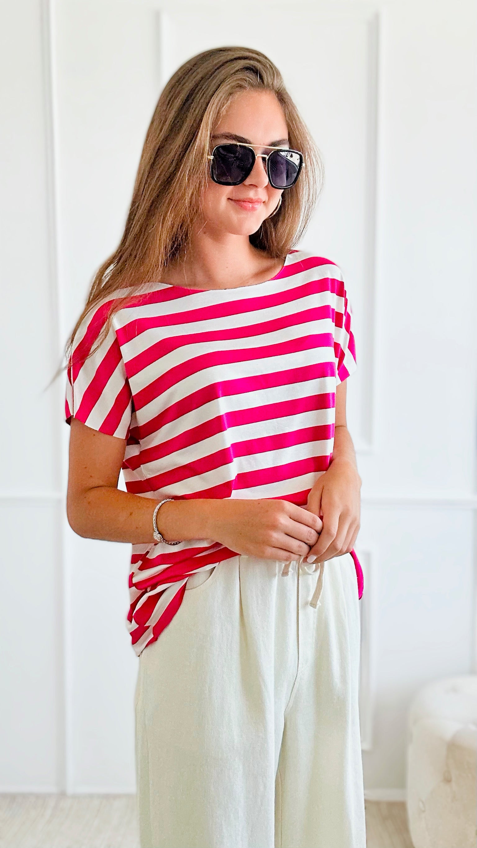 Striped Italian Tee - Fuchsia /White-110 Short Sleeve Tops-Italianissimo-Coastal Bloom Boutique, find the trendiest versions of the popular styles and looks Located in Indialantic, FL