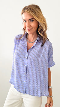 Station Printed Button Down Top-Periwinkle-110 Short Sleeve Tops-EESOME-Coastal Bloom Boutique, find the trendiest versions of the popular styles and looks Located in Indialantic, FL